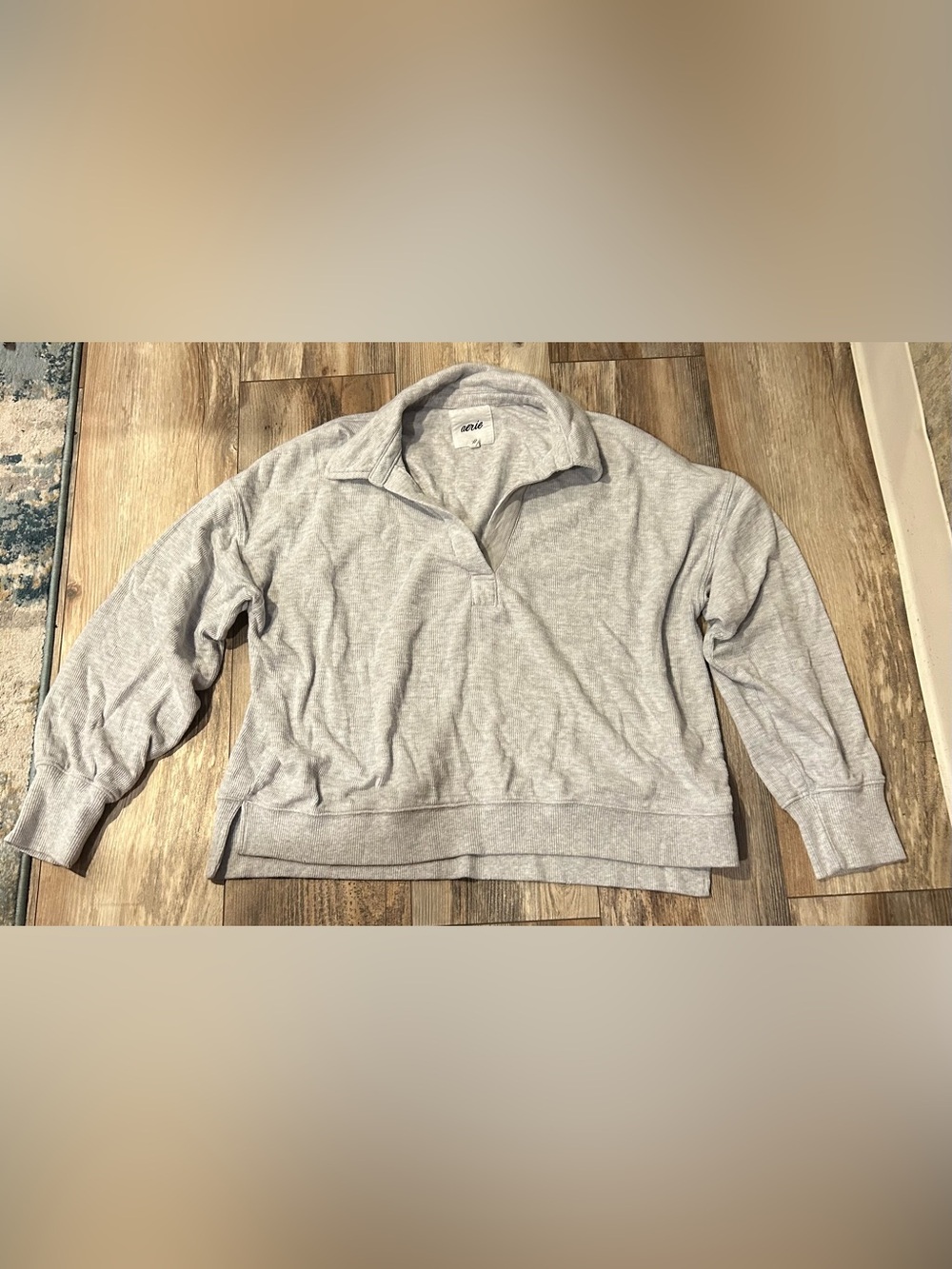 Aerie CozyUp Waffle Quarter Zip Sweater Gray Small